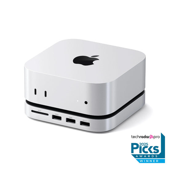 Soporte compacto y hub con enclosure SSD para el Mac Mini 2024, ofreciendo opciones de conectividad expandidas