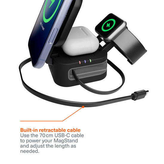 Cargador inalámbrico plegable 3 en 1 MagStand con cable retráctil Negro
