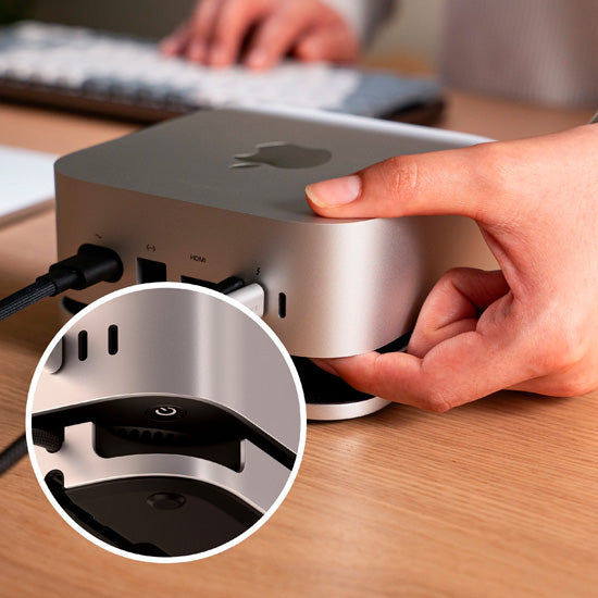 Soporte compacto y hub con enclosure SSD para el Mac Mini 2024, ofreciendo opciones de conectividad expandidas
