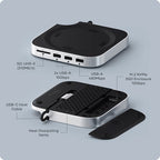 Soporte compacto y hub con enclosure SSD para el Mac Mini 2024, ofreciendo opciones de conectividad expandidas