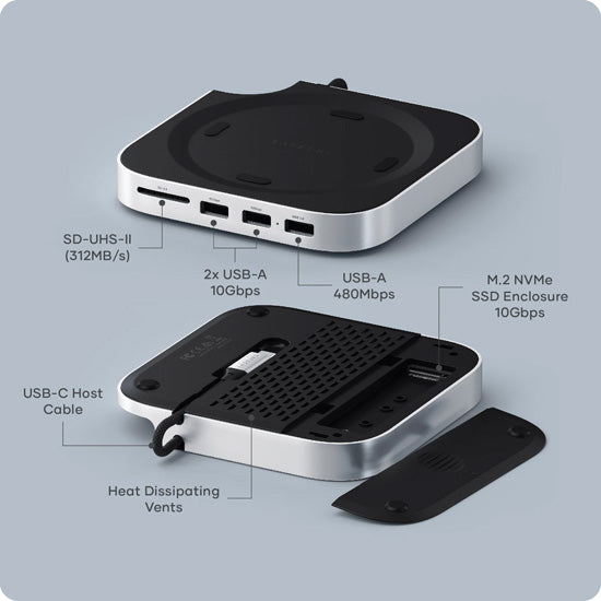 Soporte compacto y hub con enclosure SSD para el Mac Mini 2024, ofreciendo opciones de conectividad expandidas
