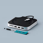 Soporte compacto y hub con enclosure SSD para el Mac Mini 2024, ofreciendo opciones de conectividad expandidas