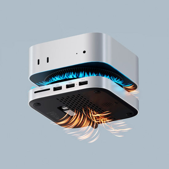 Soporte compacto y hub con enclosure SSD para el Mac Mini 2024, ofreciendo opciones de conectividad expandidas