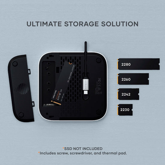 Soporte compacto y hub con enclosure SSD para el Mac Mini 2024, ofreciendo opciones de conectividad expandidas
