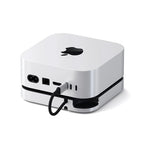 Soporte compacto y hub con enclosure SSD para el Mac Mini 2024, ofreciendo opciones de conectividad expandidas