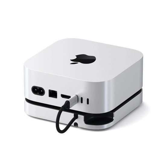 Soporte compacto y hub con enclosure SSD para el Mac Mini 2024, ofreciendo opciones de conectividad expandidas