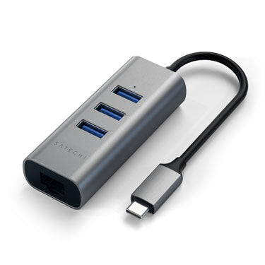 Hub Type-C 2 en 1 USB 3.0 Aluminio 3 Puertos y puerto Ethernet Gris Espacial