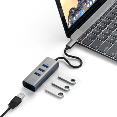 Hub Type-C 2 en 1 USB 3.0 Aluminio 3 Puertos y puerto Ethernet Gris Espacial
