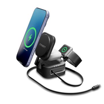 Cargador inalámbrico plegable 3-en-1 MagStand con cable retráctil Negro